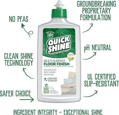 Quick Shine Multi Surface Floor Clean + Polish Mop Kit w/ 3 Reusable Pads & 1-16 oz. Floor Finish | Use Wet + Dry | Hardwood, Luxury Vinyl Plank, Laminate | Safer Choice pH Neutral Formula