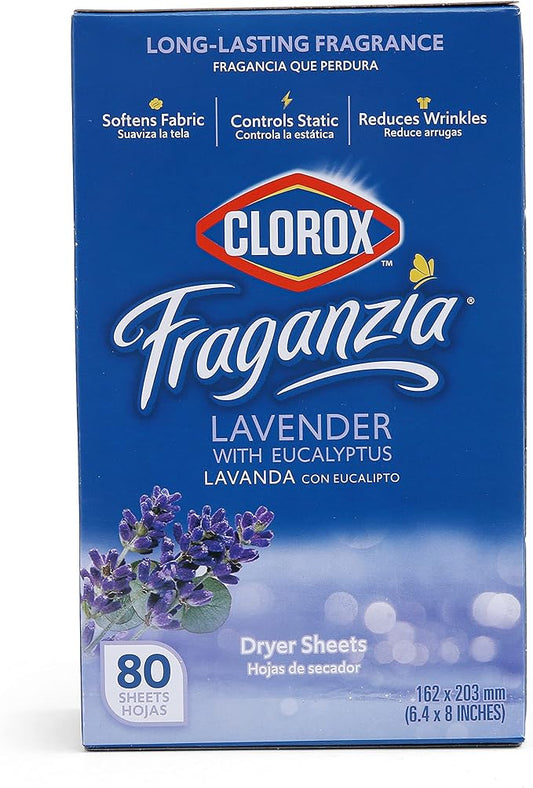 Clorox Fraganzia Fabric Softener Dryer Sheets, Wrinkle Reducing and Anti Static Laundry Dryer Sheets for Great Smelling Clothes, Softens Fabrics, Lavender with Eucalyptus Scent, 80 Count