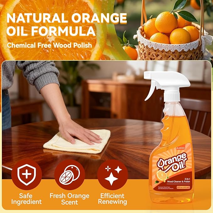 2-in-1 Furniture Polish Wood Cleaner - 2Pack Natural Orange Oil Spray Protect Wood Surface Safely, Enhanced Furniture Restorer Finish Cabinets, Tables, Antique, Floor, 32oz Total