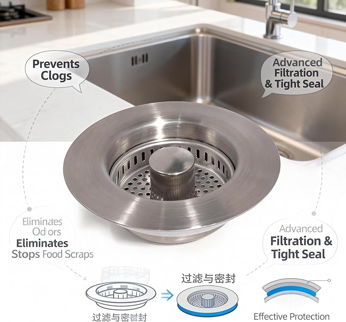 VANCOCO Kitchen Sink Drain Strainer 3-in-1 Pop Up Design, 304 Stainless Steel with Anti-Clog & Odor Control, Standard 3-1/2 Inch Drain Fit Drain Hole