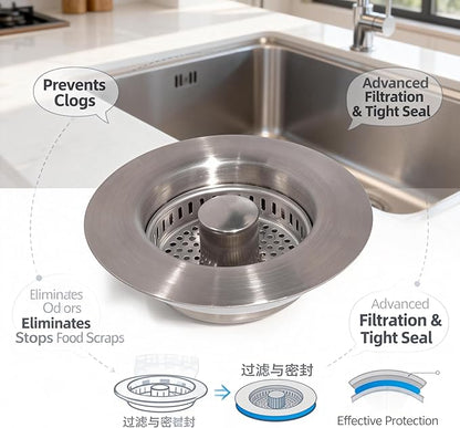 VANCOCO Kitchen Sink Drain Strainer 3-in-1 Pop Up Design, 304 Stainless Steel with Anti-Clog & Odor Control, Standard 3-1/2 Inch Drain Fit Drain Hole