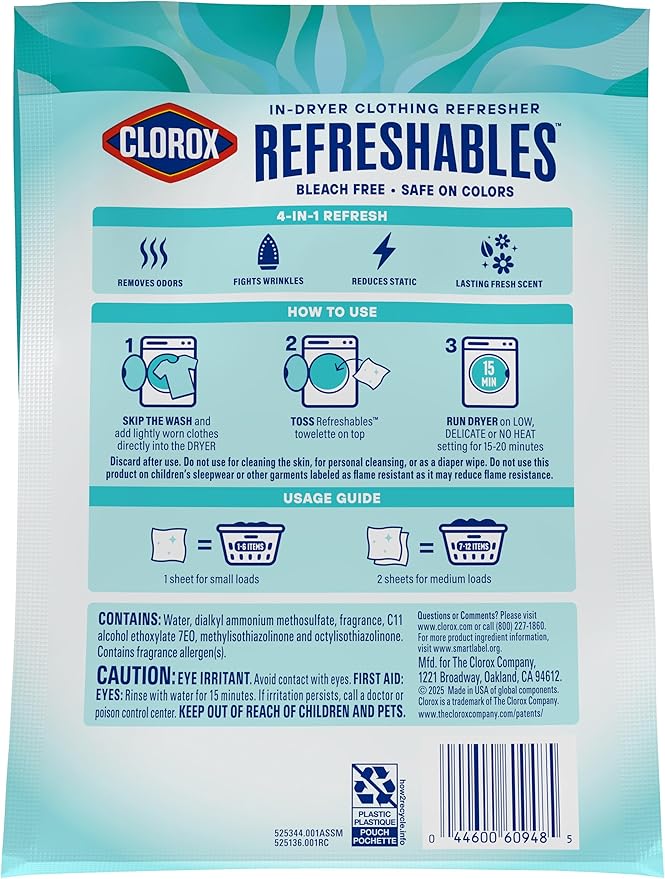 Clorox Refreshables In Dryer Clothing Refresher, Spring Fresh, 30 Towelettes