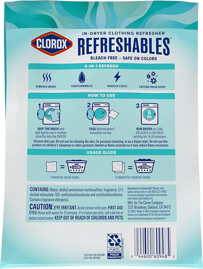 Clorox Refreshables In Dryer Clothing Refresher, Spring Fresh, 30 Towelettes