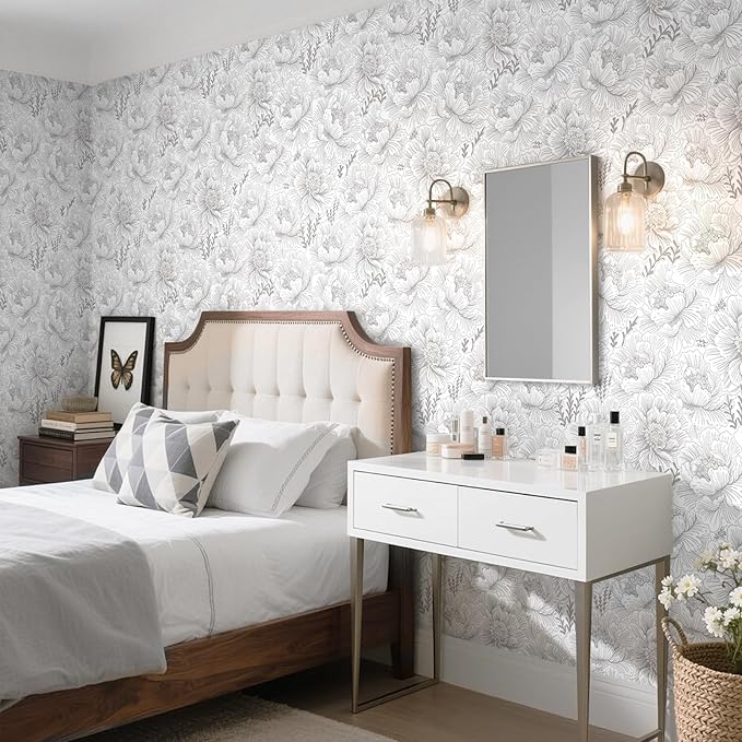 Guvana 17.3in×118in Floral Peel and Stick Wallpaper Boho Contact Paper Grey and White Wall Paper Modern Waterproof Wallpaper for Bathroom Bedroom Neutral Farmhouse Self Adhesive Removable Vinyl Roll