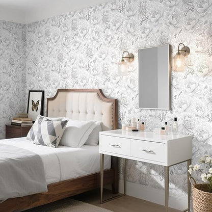 Guvana 17.3in×118in Floral Peel and Stick Wallpaper Boho Contact Paper Grey and White Wall Paper Modern Waterproof Wallpaper for Bathroom Bedroom Neutral Farmhouse Self Adhesive Removable Vinyl Roll