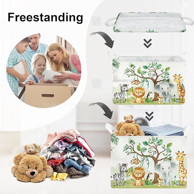 Forest Animals Laundry Hamper Woodland Tree Large Storage Basket Parents Organizer Kids Clothes Toy Bins for Bedroom, Bathroom, Elephant, 36L