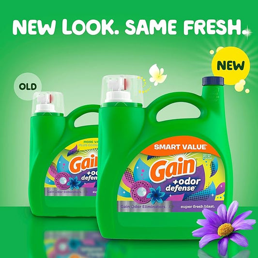 Gain + Odor Defense Liquid Laundry Detergent, Super Fresh Blast Scent, 107 Loads, HE Compatible Washing Soap (Packaging May Vary)