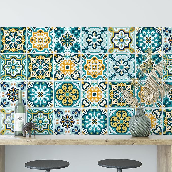 30Pcs Bohemian Self-Adhesive Wall Sticker, Floral Pattern, Peel and Paste, Waterproof Living Room Kitchen Bedroom Wall Sticker, Tile Wall Sticker, Home Wall Decor, 4x4 Inch