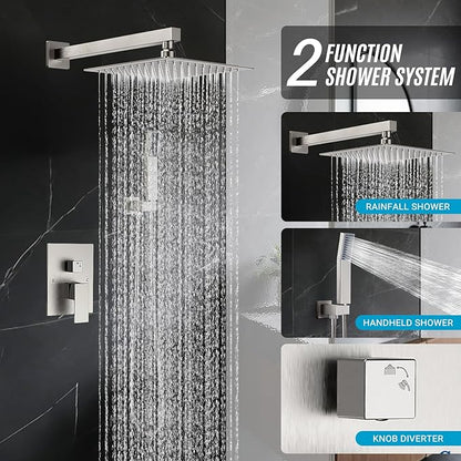 Shower Faucet Set with Shower Head, Wall Mount 10 Inch Square Rainfall Shower Head and Handle Set Single Handle Shower System Set with Female Threads Valve Body and Trim Included(Brush Nickel)