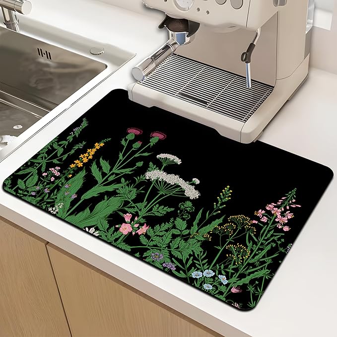 Dish Drying Mat for Multiple Usage. Super Absorbent, Easy clean, Quick dry, Cocina Accesorios for Kitchen Counter or Faucet Sink, Coffee bar, Refrigerator or Air fryer liners, 1 Pack Flower