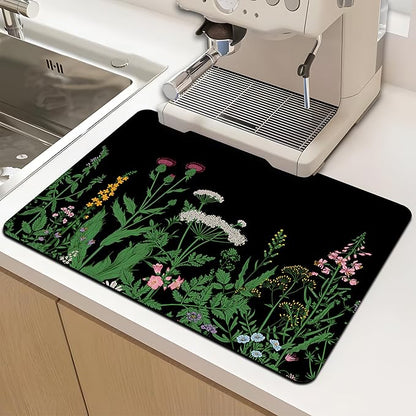 Dish Drying Mat for Multiple Usage. Super Absorbent, Easy clean, Quick dry, Cocina Accesorios for Kitchen Counter or Faucet Sink, Coffee bar, Refrigerator or Air fryer liners, 1 Pack Flower