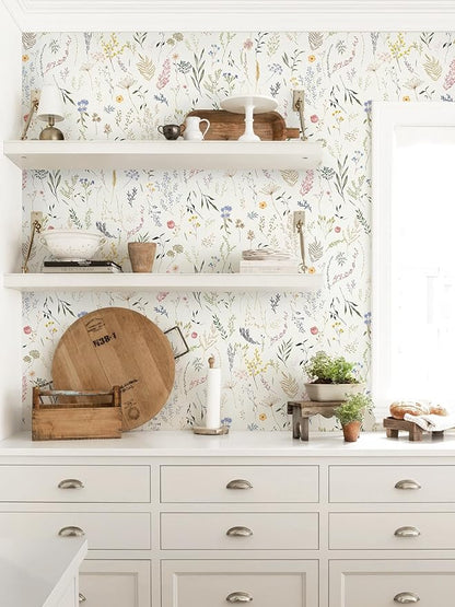 Dimoon 78.7"x16.1" Floral Peel and Stick Wallpaper Beige Contact Paper Thicken Wallpaper Delicate Flower Waterproof Green Leaf White Self Adhesive Removable Wall Paper Shelf Liner Decal Vinyl Roll