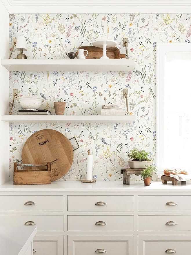 Dimoon 236"x16.1" Floral Peel and Stick Wallpaper Beige Contact Paper Thicken Wallpaper Delicate Flower Waterproof Green Leaf White Self Adhesive Removable Wall Paper Shelf Liner Decal Vinyl Roll