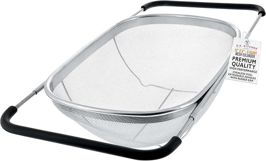 U.S. Kitchen Supply Stainless Steel Colander Strainer - 6-Quart Collapsible Colander with Expandable Rubber Handles - Rectangular Sieve, Fine Mesh Stainless Steel Strainers and Colanders for Kitchen