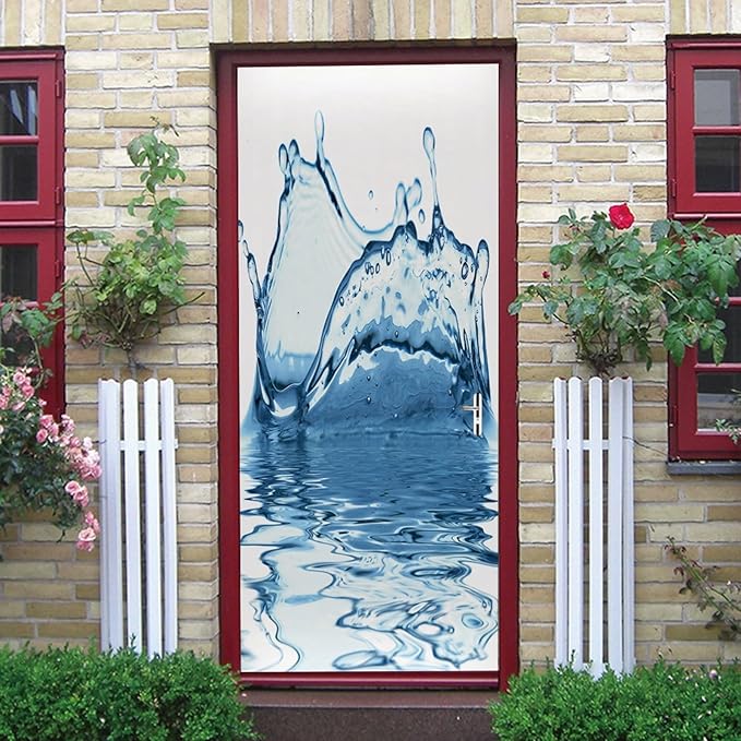 A.Monamour 3D Door Stickers for Interior Doors Splashes of Blue Water on A White Background Vinyl Waterproof Self Adhesive Door Mural Decals for Bedroom Office Bathroom 95x215cm