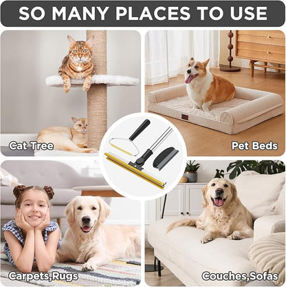 3 in 1 Carpet Rake for Pet Hair Removal, Tool Set of 3, 55” Long Handle Carpet Pet Hair Removal Carpet Scraper Dog Cat Hair Remover for Sofa, Couch, Car, Rug (Black)