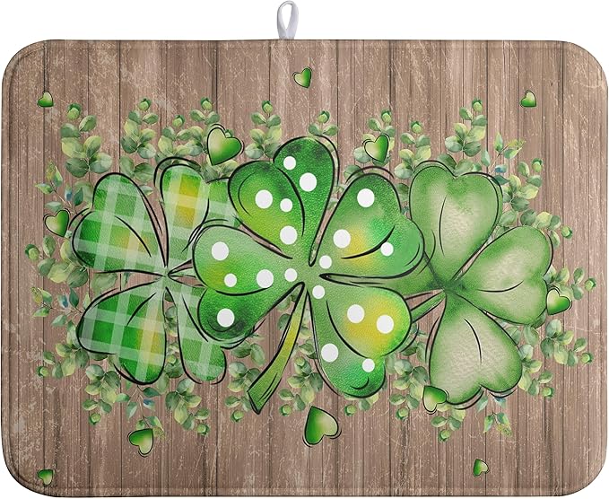 St Patricks Day Wooden Plank Texture Shamrock Dish Drying Mat St Patrick Eucalyptus Leaves Clover Dish Drying Pad for Kitchen Counter Absorbent Microfiber Dishes Drainer Rack Mats 18x24 Inch
