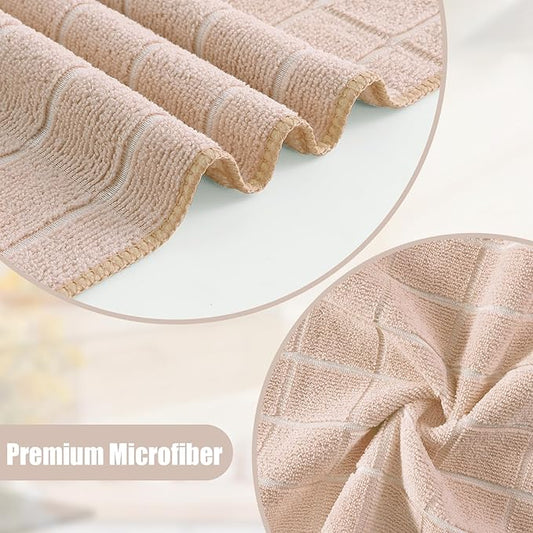 Homaxy Microfiber Kitchen Towels and Dishcloths Set, 12 Pack Soft and Absorbent Dish Hand Towels Bulk, 28 x 16 Inch & 12 x 12 Inch Quick Drying Rags for Washing Dishes, Beige