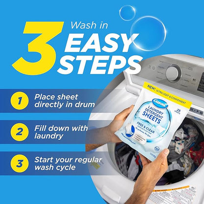 Carbona Laundry Detergent Sheets | Eco-Friendly Washing Detergent | Up to 50 Loads (25 Sheets) | Stain Remover | No Perfume or Dyes | Free & Clear