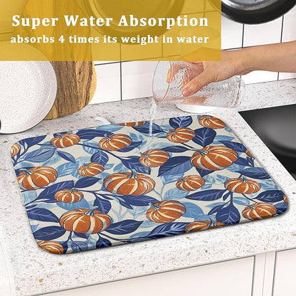 Blue Burnt Orange Fall Pumpkin Dish Drying Mat for Kitchen Counter 16x18 Autumn Theme Thanksgiving Day Absorbent Reversible Microfiber Drying Mats Kitchen Countertop Protector Dishes Drainer Pad