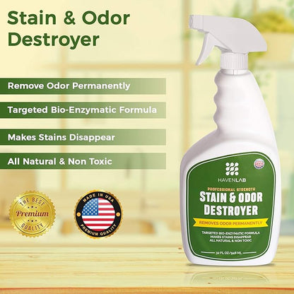 Stain & Odor Destroyer-Dog & Cat Enzymatic Pee Eliminator-Carpet, Rug, Floor, Furniture-Smell Remover for Pet Urine, Feces, Vomit and Organic Spills-Concentrated Formula-32 Oz!!