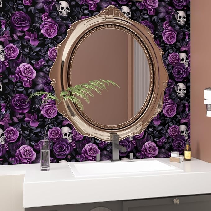 Purple Floral Wallpaper Peel and Stick, Dark Skull Contact Paper 17.5" x 118", Black Vintage Gothic Rose Flowers Wall Paper Self Adhesive Waterproof Removable for Bathroom Cabinet Drawer Table Decor