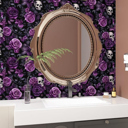 Purple Floral Wallpaper Peel and Stick, Dark Skull Contact Paper 17.5" x 118", Black Vintage Gothic Rose Flowers Wall Paper Self Adhesive Waterproof Removable for Bathroom Cabinet Drawer Table Decor