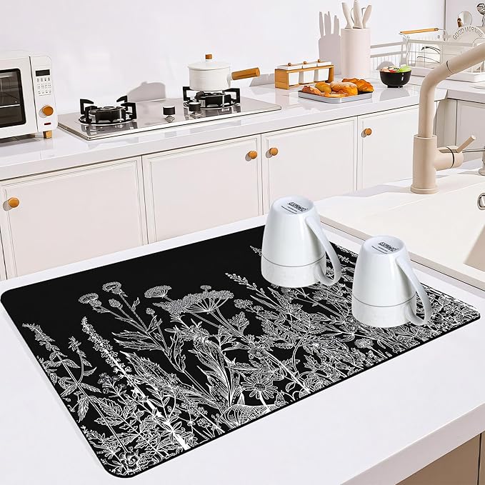 Dish Drying Mat for Multiple Usage. Super Absorbent, Easy clean, Quick dry, Cocina Accesorios for Kitchen Counter or Faucet Sink, Coffee bar, Refrigerator or Air fryer liners, 16*24“ Black