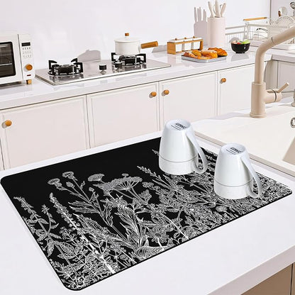 Dish Drying Mat for Multiple Usage. Super Absorbent, Easy clean, Quick dry, Cocina Accesorios for Kitchen Counter or Faucet Sink, Coffee bar, Refrigerator or Air fryer liners, 16*24“ Black