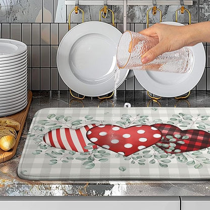 Valentines Day Dish Drying Mat Valentine Buffalo Plaid Eucalyptus Hearts Dishes Dryer Pad for Kitchen Countertops Microfiber 18x24 Inches