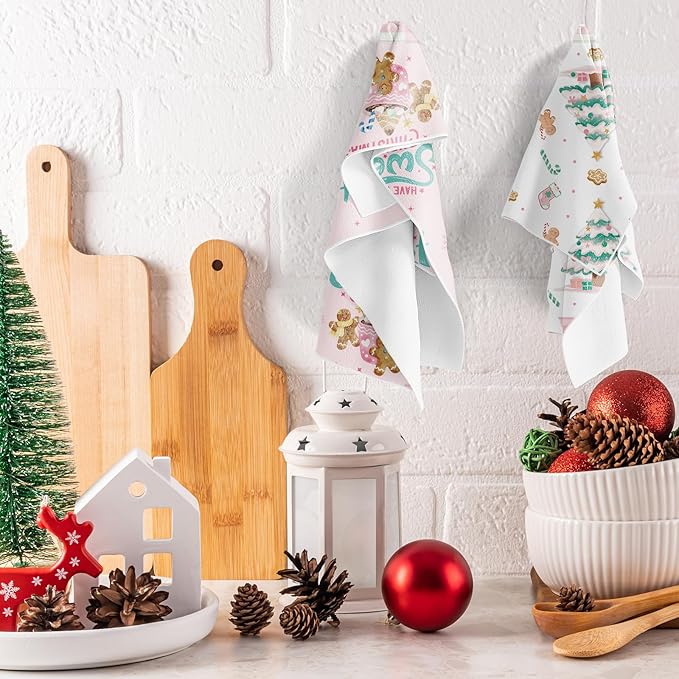 Pink Christmas Kitchen Towels, 6PCS Gingerbread Hand Tea Towels Set Xmas Housewarming Gifts, Candy Cane Kitchen Dish Clothes Bathroom Holiday Decor Supplies