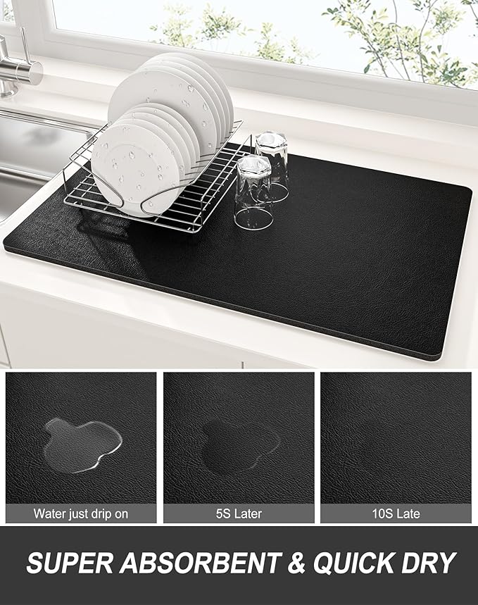 Rnivvi Dish Drying Mat for Kitchen Counter, 12 x 19" Super Absorbent Drainer Pad Easy Clean Dish Rack Pad, Non-Slip Heat Resistant Coffee Bar Mats for Coffee Machine Station Accessories Decor, Black