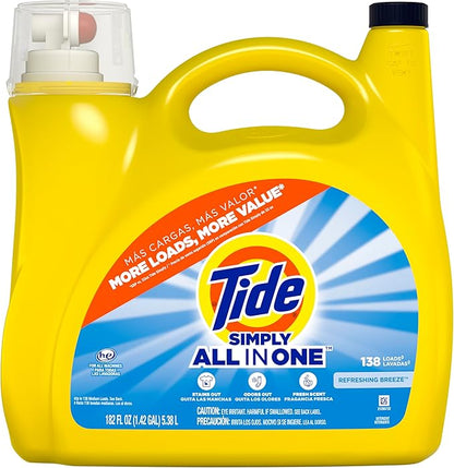 Tide Simply Liquid Laundry Detergent, Refreshing Breeze Scent, 138 Loads, 182 fl oz, All-In-One Detergent