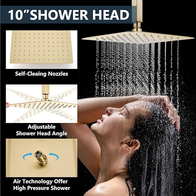 Aolemi Shower Faucet Set Ceiling Mount Shower System Rough-in Valve and Shower Trim Kit 2 in 1 Handheld Spray Push Button Diverter 10 and 6 Inch Dual Shower Head Brushed Gold