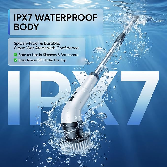Electric Spin Scrubber, Cordless Power Scrubber for Bathroom/Shower/Tub/Tile & Grout, 7 Brush Heads, Dual-Speed, Adjustable Extension Handle, IPX7 Waterproof, USB-C Rechargeable Cleaning Tool (White)