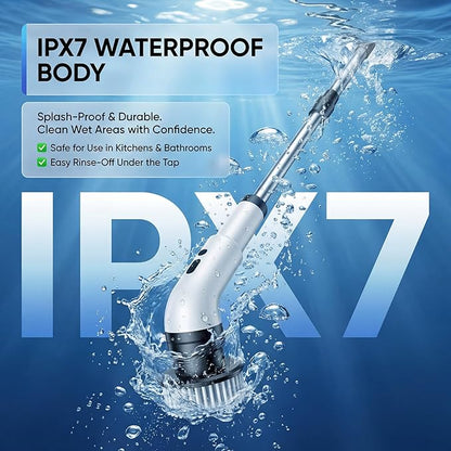Electric Spin Scrubber, Cordless Power Scrubber for Bathroom/Shower/Tub/Tile & Grout, 7 Brush Heads, Dual-Speed, Adjustable Extension Handle, IPX7 Waterproof, USB-C Rechargeable Cleaning Tool (White)