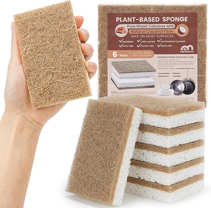 Metflavor Plant-Based Natural Kitchen Sponges,Biodegradable Non-Scratch Cellulose & Coconut Walnut Scrubber Sponge, Eco-Friendly & Sustainable (6 Pack)