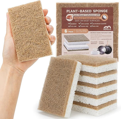 Metflavor Plant-Based Natural Kitchen Sponges,Biodegradable Non-Scratch Cellulose & Coconut Walnut Scrubber Sponge, Eco-Friendly & Sustainable (6 Pack)