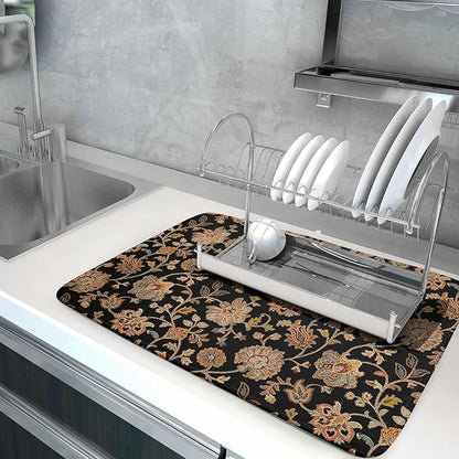 Vintage Tapestry Floral Dish Drying Pad 18 x 24 Inch With Absorbent Reversible Microfiber Black Brown Boho Carpet Flowers Drying Mats Dish Drainer Mat Fast Dry For Kitchen Dining Room Decoration