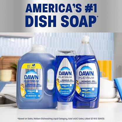 Dawn Platinum Dish Soap Fresh Rain Scent Liquid Dishwashing Detergent, Powerful Dawn Dish Soap for Tough Grease Removal, 30 oz