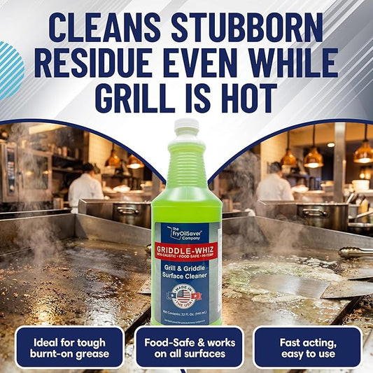 Griddle-Whiz Grill & Griddle Cleaner | Removes Grease, Food Residue, Burnt On Organics | Non-Toxic High Heat Flat Top Grill Cleaner & Food Contact Surface | Non-Caustic Formula by FryOilSaver (32oz)