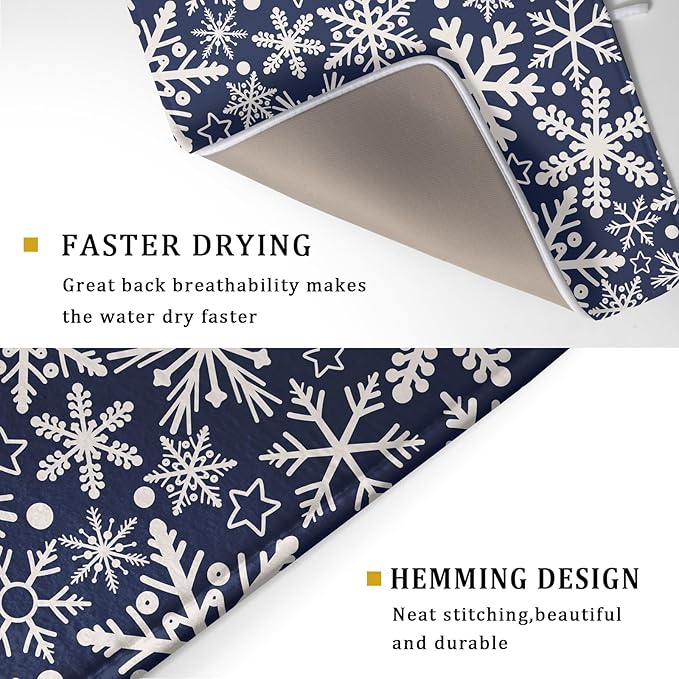 Dark Blue Winter Dish Drying Mat for Kitchen Counter 18x24 Cream Snowflake Holiday Theme Seasonal Absorbent Reversible Microfiber Drying Mats Kitchen Countertop Protector Dishes Drainer Pad