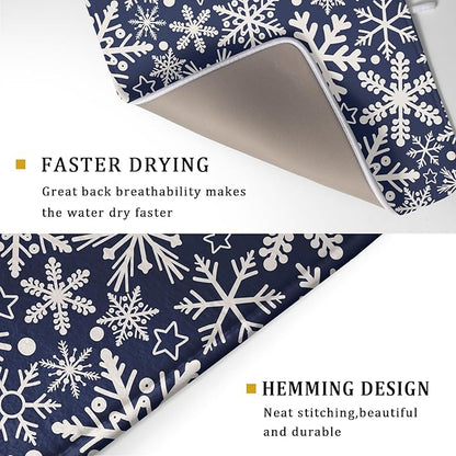 Dark Blue Winter Dish Drying Mat for Kitchen Counter 18x24 Cream Snowflake Holiday Theme Seasonal Absorbent Reversible Microfiber Drying Mats Kitchen Countertop Protector Dishes Drainer Pad