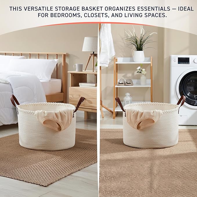 XLarge Round Cotton Rope Storage Basket Bin Organizer Laundry Hamper with Leather Handles, 21 x 21 x 14, Extra Large Blanket Woven Basket for Nursery - Cream