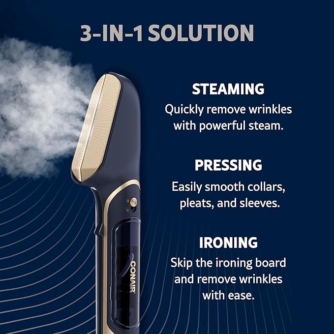 Conair SteamStylist 3-in-1 Steam Press and Iron Steamer for Clothes, Clothes Steamers for Clothes, Travel Steamer, Includes Fabric Shaver, Extra Water Tank and Storage Bag, Midnight Blue