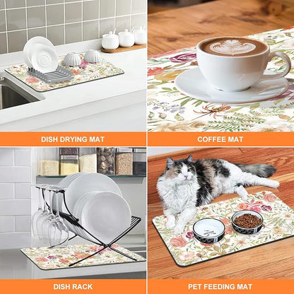 LOKHOM Dish Drying Mat for Kitchen Counter, 12"x20" Absorbent Coffee Bar Mat with Pink Roses Petals , Dish Drainer Rack Mats for Kitchen Counter Coffee Maker Coffee Pot Dining Room Decoration