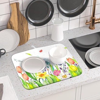 Aportt Spring Floral Dish Drying Pad with Absorbent Reversible Microfiber Watercolor Tulip Lavender Flower Drying Mats 16 x 18 Inch Dish Drainer Mat Fast Dry For Kitchen Dining Room