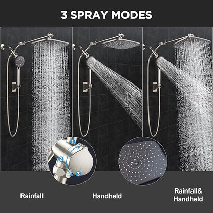 Veken 11.8" Rain Shower Head with Handheld, High Pressure Handheld Shower Heads with Multi Spray Modes,Rainfall Combo with 15" Metal Extension Arm,Detachable Dual Shower,Long 6 ft. Hose,Brushed Nickel