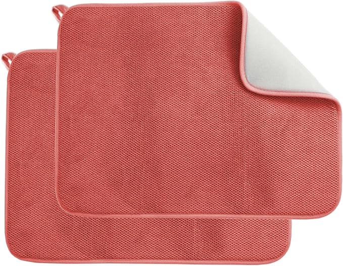2 Pcs Microfiber Dish Drying Mats with Hanging Loop, Absorbent Dish Drying Pad, 12 x 16 Inch Dishes Drainer Pads, Washable Dish Drainer Mats for Kitchen Counter, Drainer Racks, Sinks (Red)