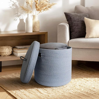Storage Basket with Lid, Woven Blanket Storage for Living Room, Soft Cotton Rope Bin with Lid, Round Wicker Laundry Basket with Cover, Lidded Kid Dog Toy Box, Nursery Organizer, 15"x13", Blue